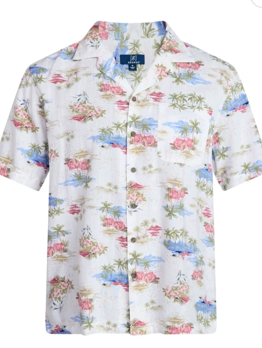 George Men's Relaxed Fit Linen Blend Camp Shirt with Short Sleeves,